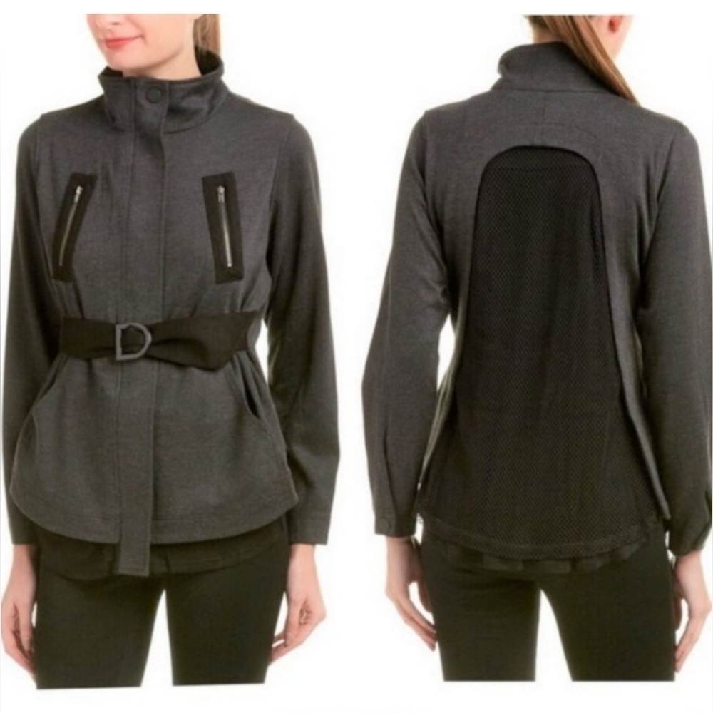 Cabi Love Carol New Medium Gray Black Belted Mesh Back Flight Moto Sporty Jacket